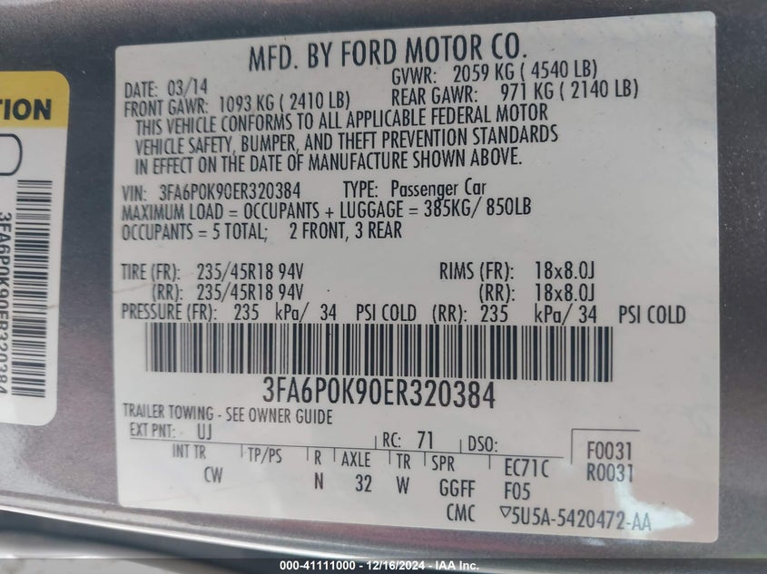 2014 FORD FUSION VIN: 3FA6P0K90ER320384
