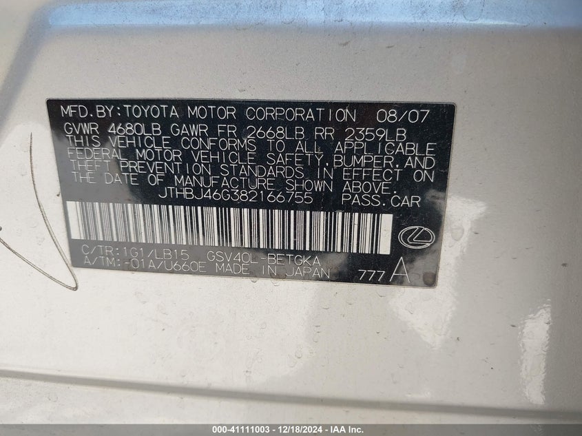 2008 LEXUS ES 350 VIN: JTHBJ46G382166755