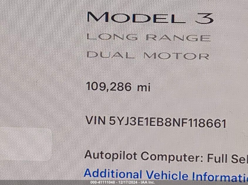 2022 Tesla Model 3 Long Range Dual Motor All-Wheel Drive VIN: 5YJ3E1EB8NF118661 Lot: 41111048