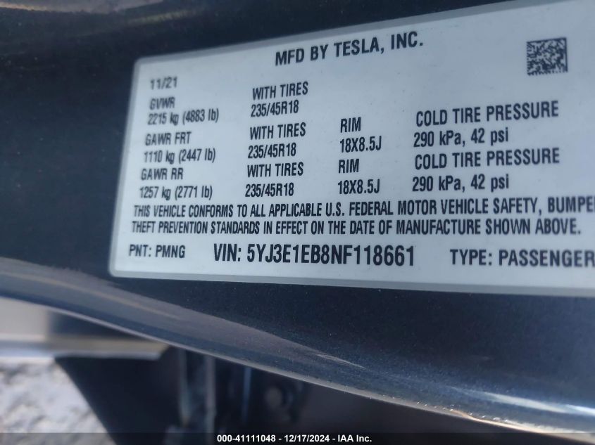 2022 Tesla Model 3 Long Range Dual Motor All-Wheel Drive VIN: 5YJ3E1EB8NF118661 Lot: 41111048