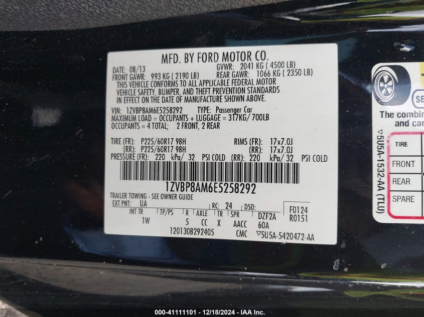 2014 FORD MUSTANG VIN: 1ZVBP8AM6E5258292