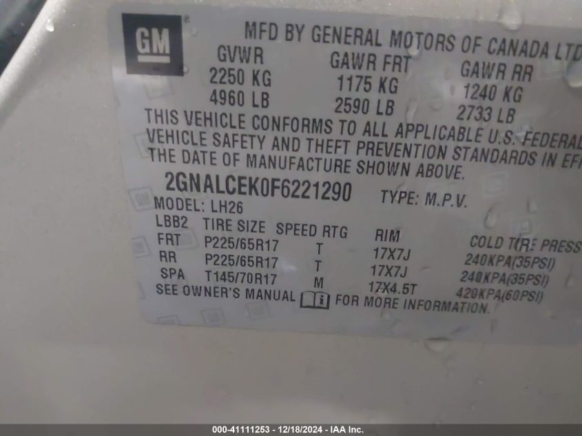 VIN 2GNALCEK0F6221290 2015 Chevrolet Equinox, 2LT no.9