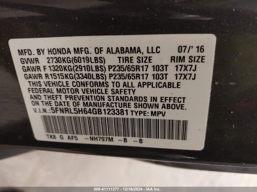 VIN 5FNRL5H64GB123381 2016 Honda Odyssey, Ex-L no.9