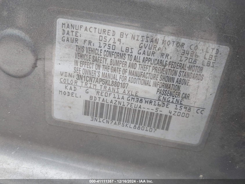 2019 NISSAN VERSA VIN: 3N1CN7AP5KL880107