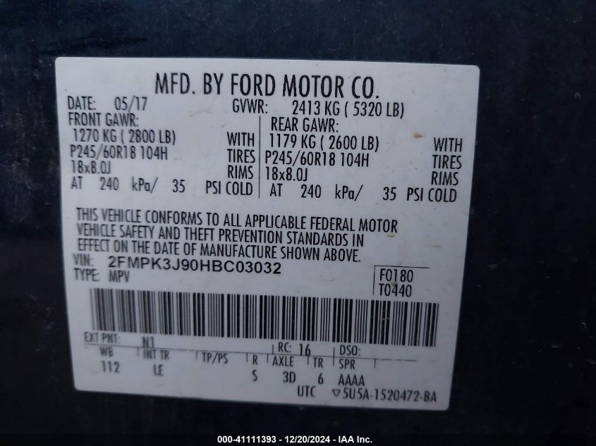 VIN 2FMPK3J90HBC03032 2017 FORD EDGE no.9