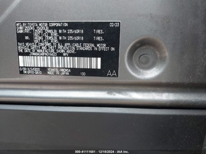 2023 Toyota Bz4X Xle VIN: JTMABACA8PA016623 Lot: 41111681