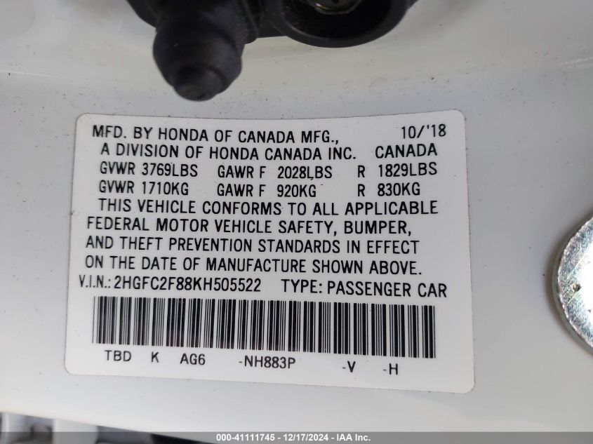 VIN 2HGFC2F88KH505522 2019 Honda Civic, Sport no.9