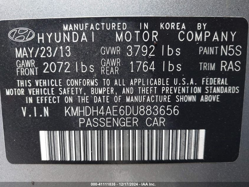 VIN KMHDH4AE6DU883656 2013 Hyundai Elantra, Limited no.9