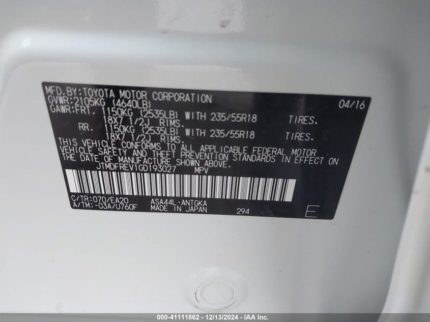 2016 TOYOTA RAV4 LIMITED - JTMDFREV1GD193027