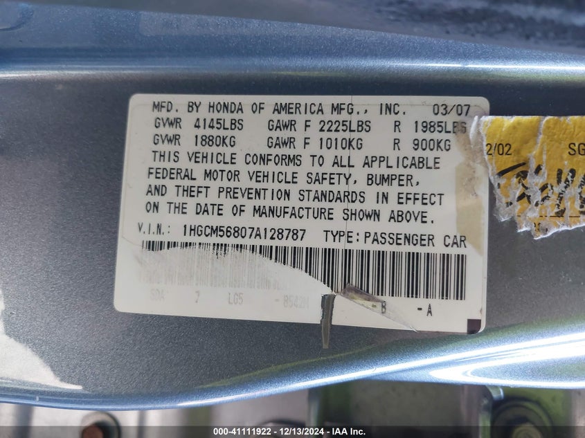 2007 HONDA ACCORD VIN: 1HGCM56807A128787