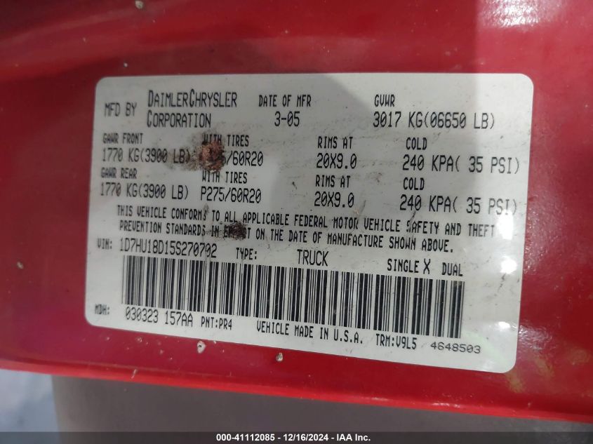 2005 Dodge Ram 1500 Slt/Laramie VIN: 1D7HU18D15S270702 Lot: 41112085
