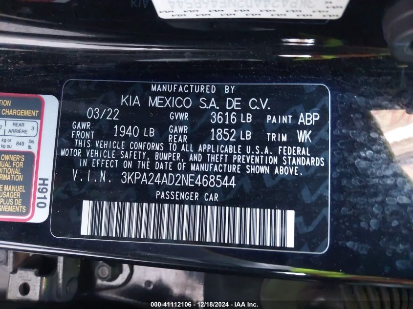 2022 Kia Rio Lx VIN: 3KPA24AD2NE468544 Lot: 41112106