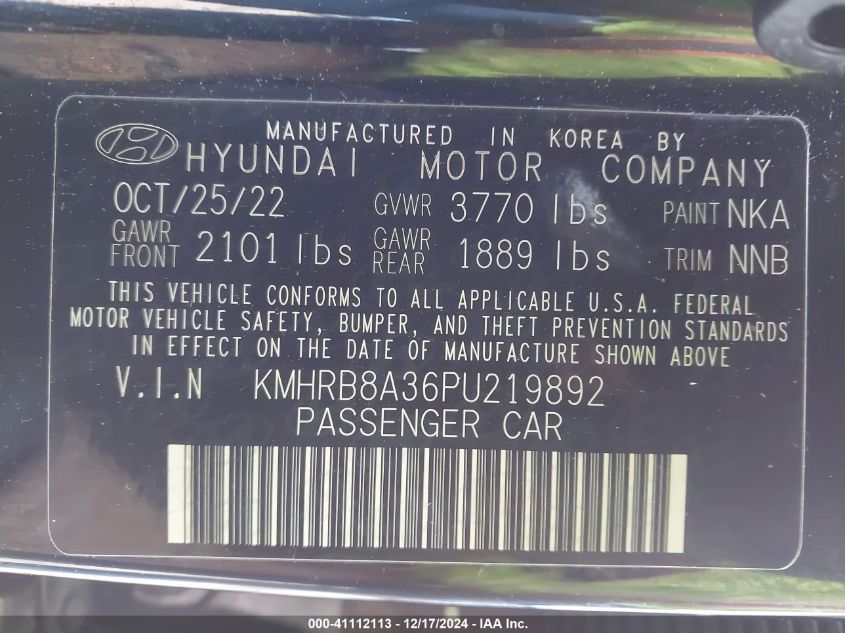 2023 Hyundai Venue Se VIN: KMHRB8A36PU219892 Lot: 41112113