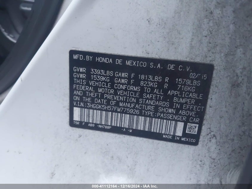 2015 HONDA FIT VIN: 3HGGK5H57FM775926