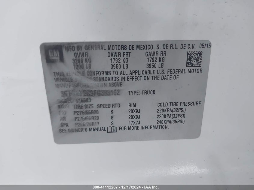 2015 GMC SIERRA 1500 VIN: 3GTU2VEC9FG383162