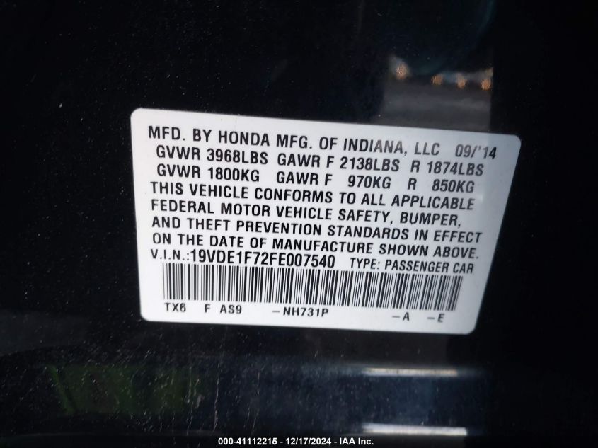 VIN 19VDE1F72FE007540 2015 Acura ILX, 2.0L no.9