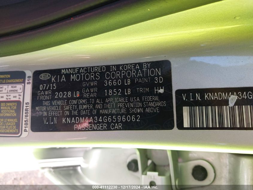 VIN KNADM4A34G6596062 2016 KIA Rio, LX no.9