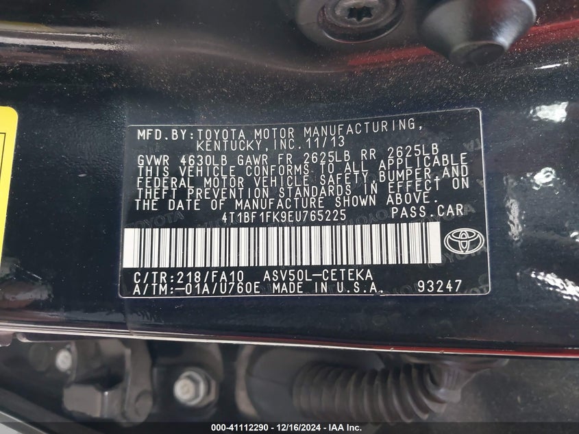 2014 TOYOTA CAMRY VIN: 4T1BF1FK9EU765225