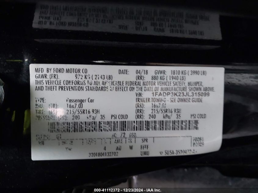 VIN 1FADP3K23JL315099 2018 Ford Focus, SE no.9