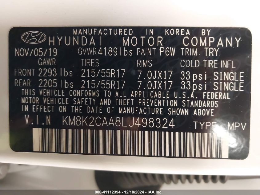 2020 Hyundai Kona Sel VIN: KM8K2CAA8LU498324 Lot: 41112394