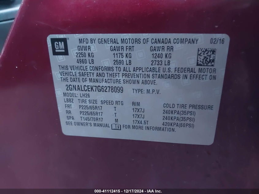 2016 CHEVROLET EQUINOX LT - 2GNALCEK7G6278099