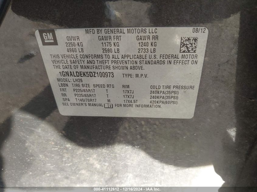 VIN 1GNALDEK5DZ100973 2013 Chevrolet Equinox, 1LT no.9