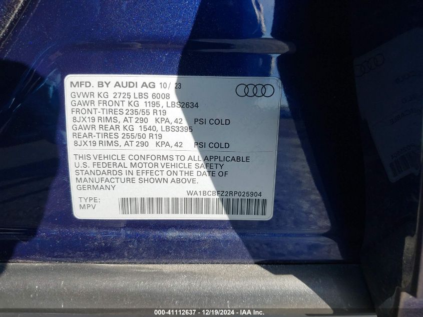 VIN WA1BCBFZ2RP025904 2024 Audi Q4 E-Tron, Premium... no.9