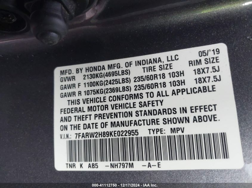 VIN 7FARW2H89KE022955 2019 Honda CR-V, Ex-L no.9