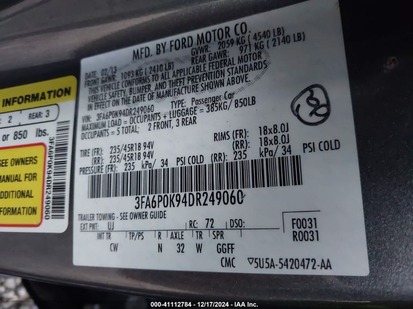 VIN 3FA6P0K94DR249060 2013 FORD FUSION no.9