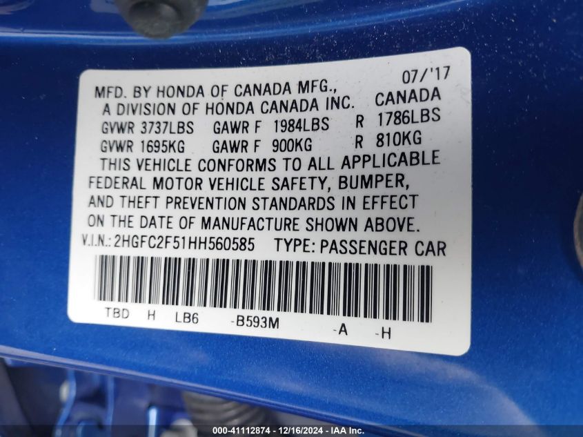 VIN 2HGFC2F51HH560585 2017 Honda Civic, LX no.9