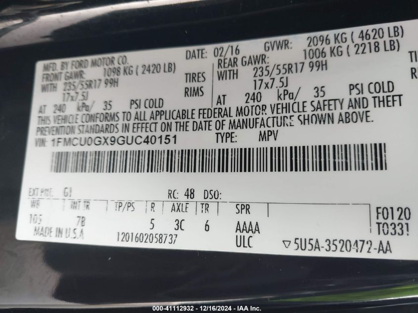 VIN 1FMCU0GX9GUC40151 2016 FORD ESCAPE no.9