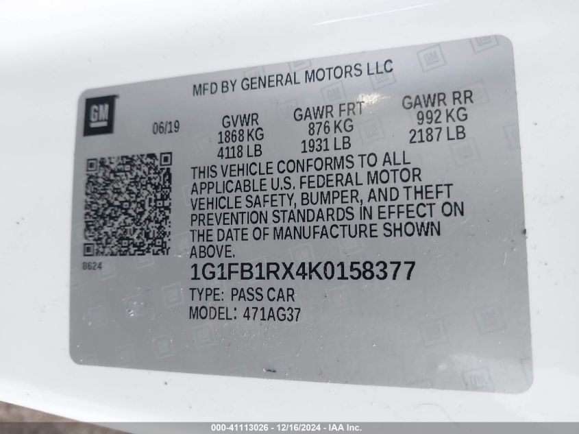 2019 CHEVROLET CAMARO VIN: 1G1FB1RX4K0158377