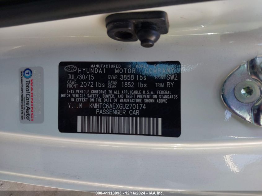 2016 HYUNDAI VELOSTER VIN: KMHTC6AEXGU270174