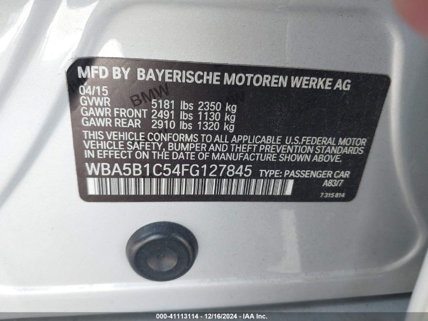 VIN WBA5B1C54FG127845 2015 BMW 5 Series, 535I no.9