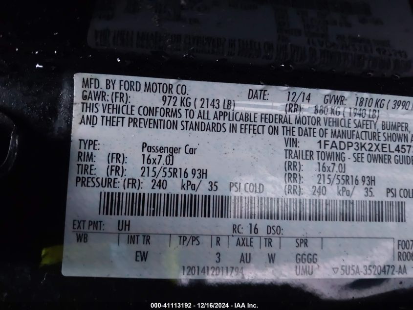 VIN 1FADP3K2XEL457343 2014 Ford Focus, SE no.9