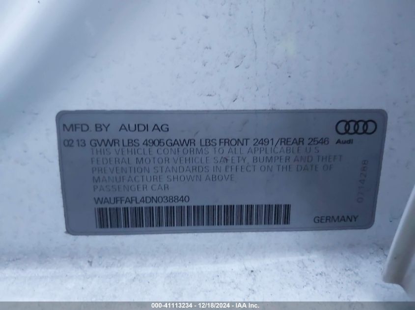 VIN WAUFFAFL4DN038840 2013 Audi A4, 2.0T Premium no.9