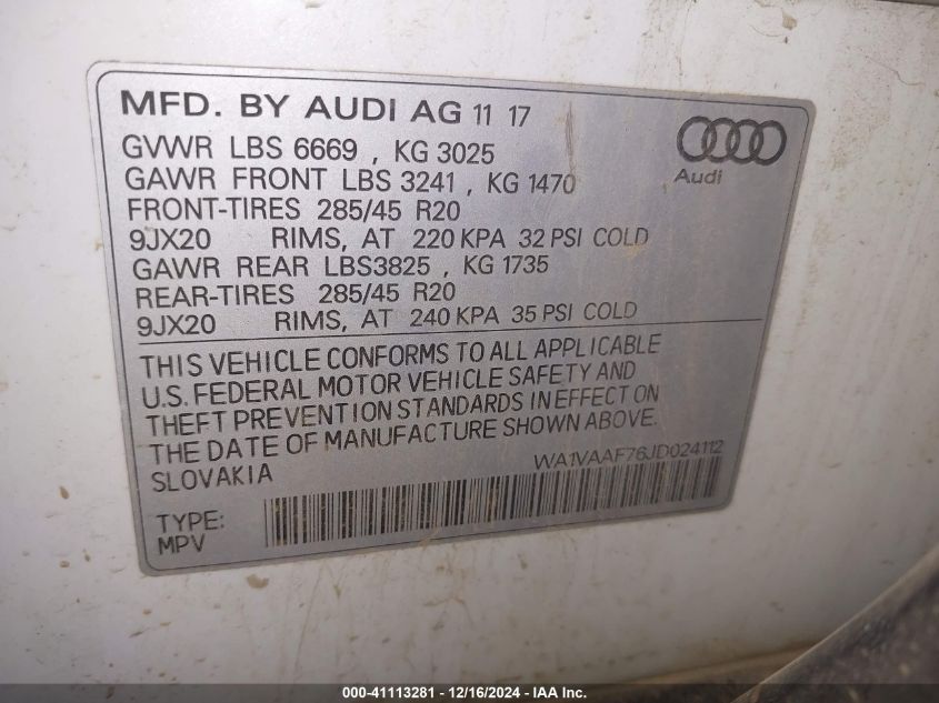 VIN WA1VAAF76JD024112 2018 AUDI Q7 no.9