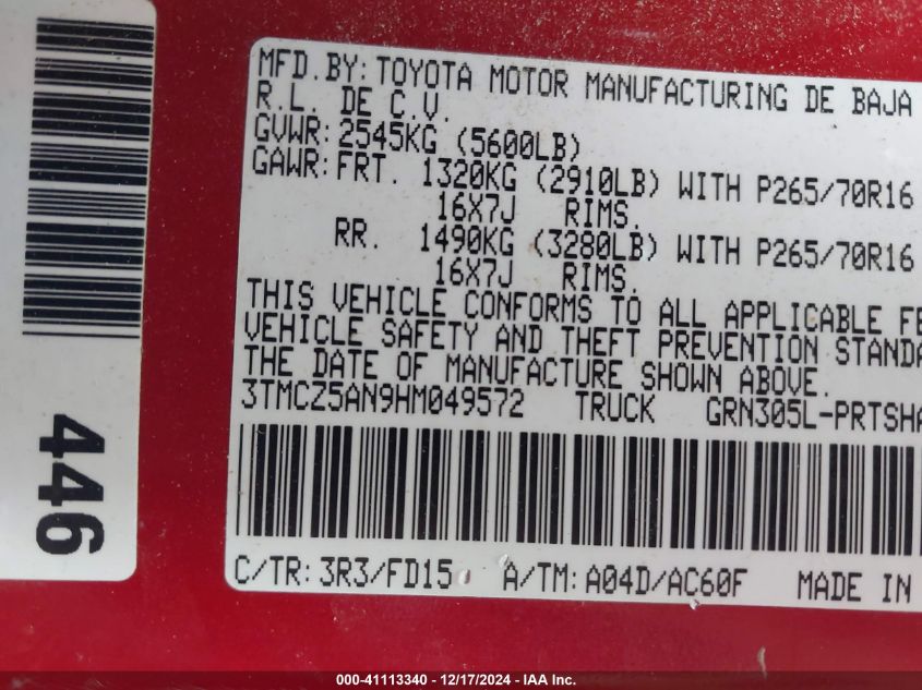 VIN 3TMCZ5AN9HM049572 2017 TOYOTA TACOMA no.9