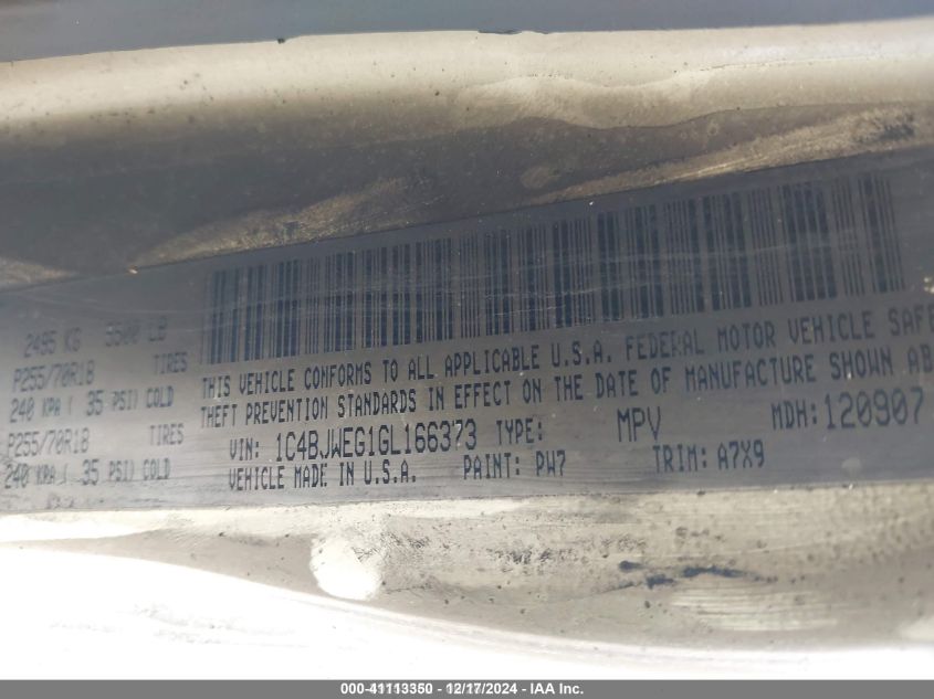 2016 Jeep Wrangler Unlimited Sahara VIN: 1C4BJWEG1GL166373 Lot: 41113350