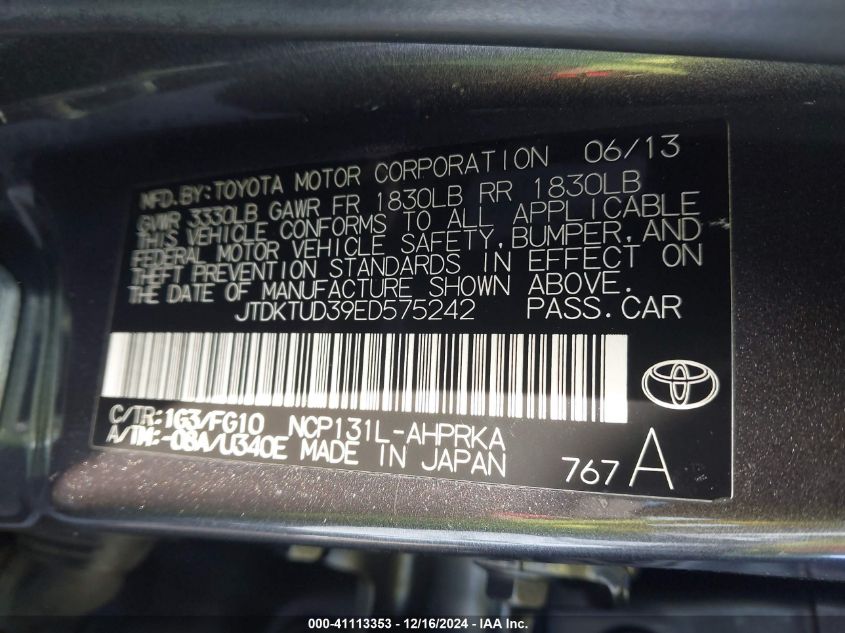 2014 Toyota Yaris VIN: JTDKTUD39ED575242 Lot: 41113353