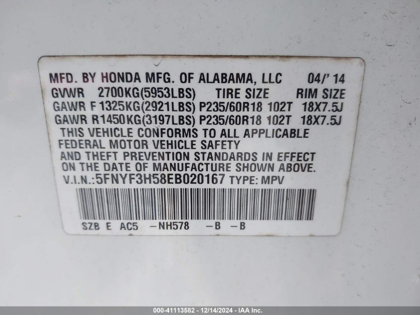 VIN 5FNYF3H58EB020167 2014 HONDA PILOT no.9