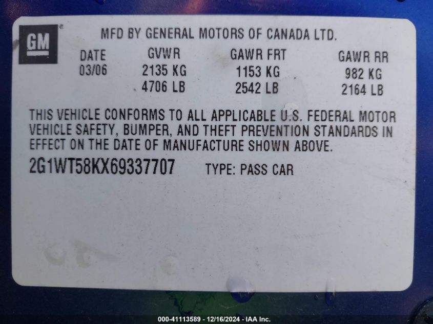 2006 Chevrolet Impala Lt VIN: 2G1WT58KX69337707 Lot: 41113589