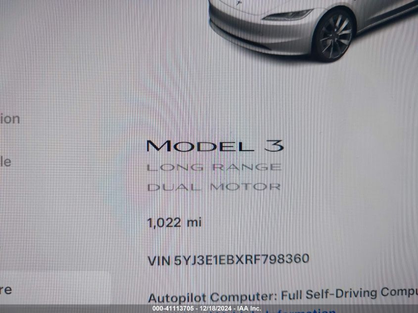 2024 Tesla Model 3 Long Range Dual Motor All-Wheel Drive VIN: 5YJ3E1EBXRF798360 Lot: 41113705