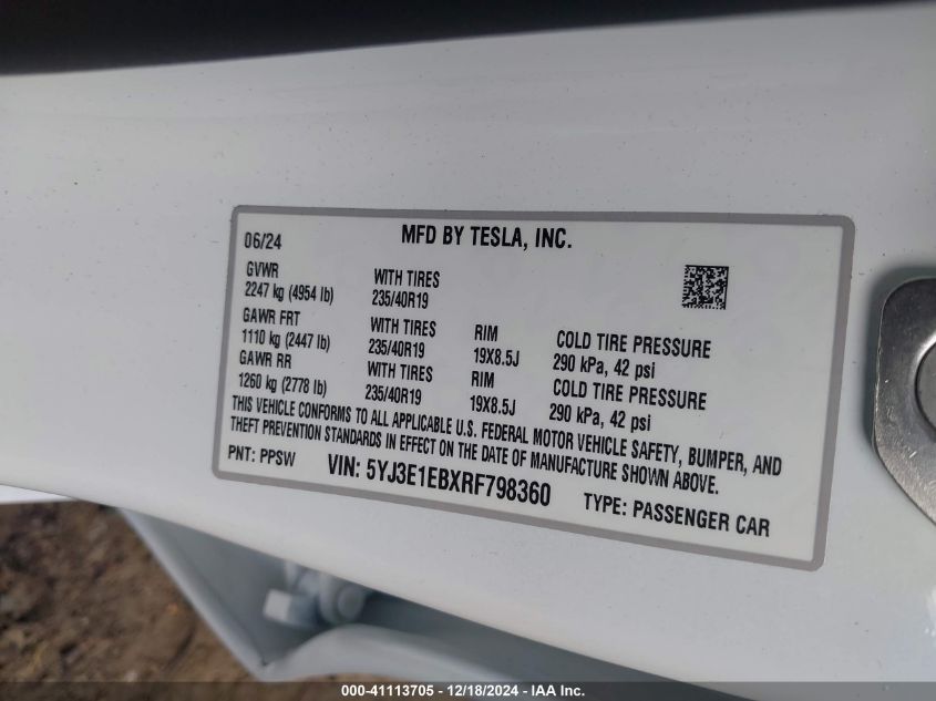 2024 Tesla Model 3 Long Range Dual Motor All-Wheel Drive VIN: 5YJ3E1EBXRF798360 Lot: 41113705