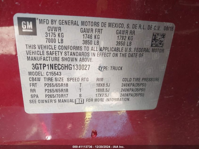 VIN 3GTP1NEC6HG130027 2017 GMC Sierra, 1500 Slt no.9