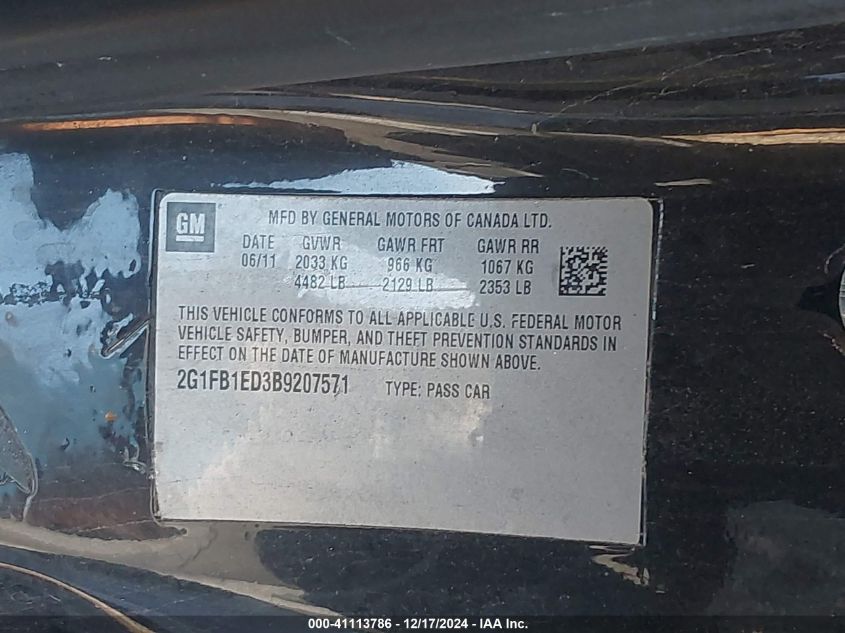2011 CHEVROLET CAMARO VIN: 2G1FB1ED3B9207571