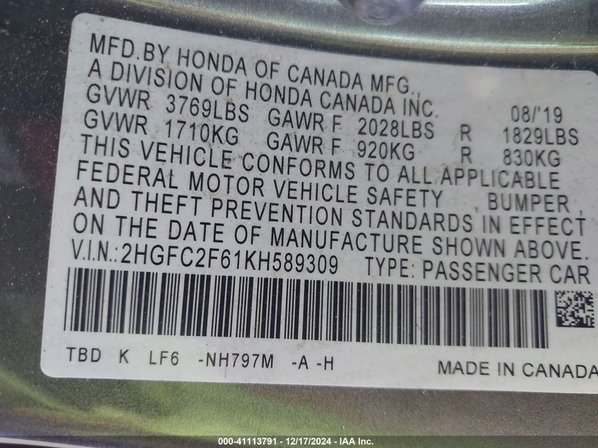 2019 HONDA CIVIC LX - 2HGFC2F61KH589309