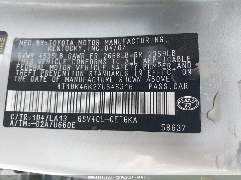 2007 TOYOTA CAMRY VIN: 4T1BK46K27U546316