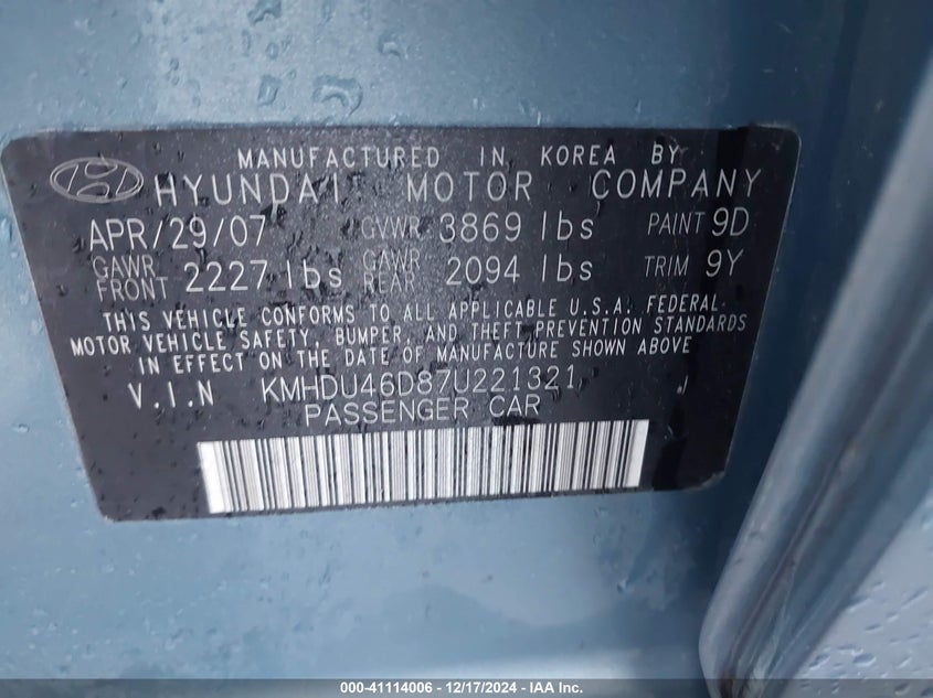 2007 HYUNDAI ELANTRA VIN: KMHDU46D87U221321