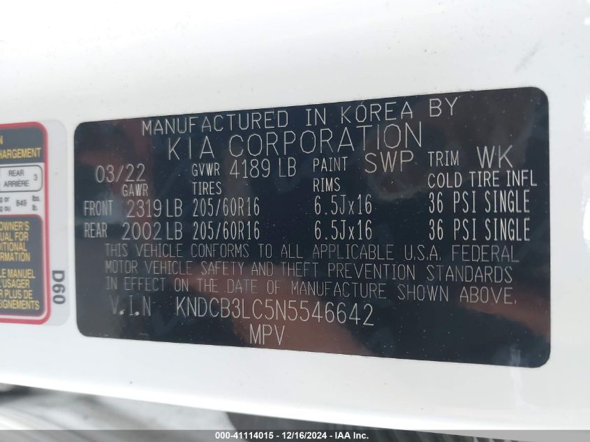 2022 Kia Niro Lx/Lxs/Lxs Se VIN: KNDCB3LC5N5546642 Lot: 41114015